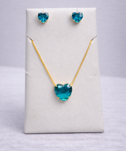 Conjunto Colar e Brinco Pedra Fusion Coração – Azul Tiffany