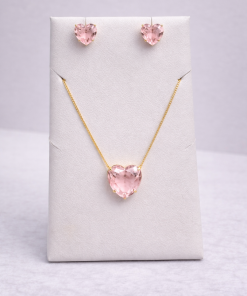 Conjunto Colar e Brinco Pedra Fusion Coração – Rosa