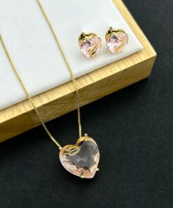 Conjunto Colar e Brinco Pedra Fusion Coração – Rosa
