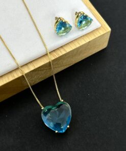 Conjunto Colar e Brinco Pedra Fusion Coração – Azul Tiffany