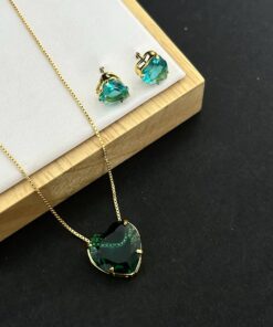 Conjunto Colar e Brinco Pedra Fusion Coração – Azul Turquesa
