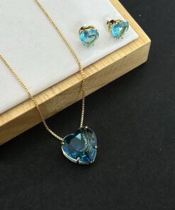 Conjunto Colar e Brinco Pedra Fusion Coração – Azul Tiffany