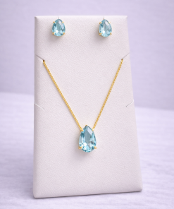 Conjunto Colar e Brinco Pedra Fusion Gota – Azul Bebê