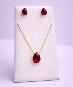 Conjunto Colar e Brinco Pedra Fusion Gota – Vermelho