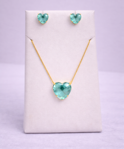 Conjunto Colar e Brinco Pedra Fusion Coração – Azul Bebê