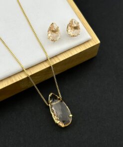 Conjunto Colar e Brinco Pedra Fusion Gota – Rose