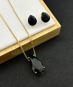 Conjunto Colar e Brinco Pedra Fusion Gota – Preto