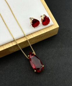 Conjunto Colar e Brinco Pedra Fusion Gota – Vermelho