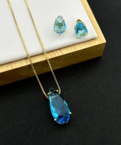 Conjunto Colar e Brinco Pedra Fusion Gota – Azul Tiffany