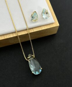 Conjunto Colar e Brinco Pedra Fusion Gota – Azul Bebê