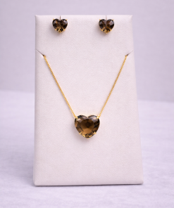 Conjunto Colar e Brinco Pedra Fusion Coração – Marrom