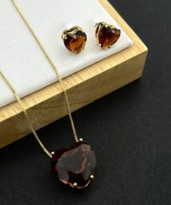 Conjunto Colar e Brinco Pedra Fusion Coração – Caramelo
