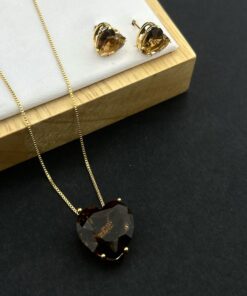 Conjunto Colar e Brinco Pedra Fusion Coração – Marrom