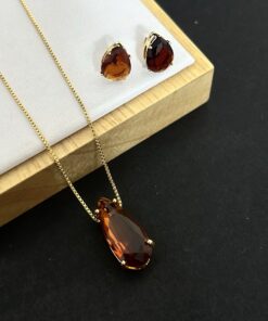 Conjunto Colar e Brinco Pedra Fusion Gota – Caramelo