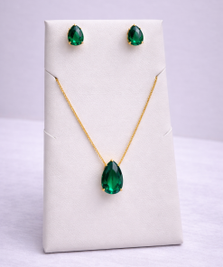 Conjunto Colar e Brinco Pedra Fusion Gota – verde Bandeira