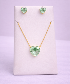 Conjunto Colar e Brinco Pedra Fusion Coração Verde Agua