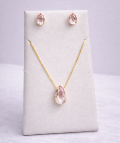 Conjunto Colar e Brinco Pedra Fusion Gota – Rosa Bebe