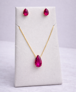 Conjunto Colar e Brinco Pedra Fusion Gota – Fúcsia