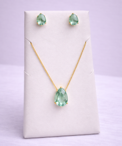 Conjunto Colar e Brinco Pedra Fusion Gota – verde Agua