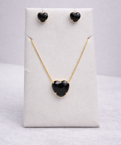 Conjunto Colar e Brinco Pedra Fusion Coração Preto