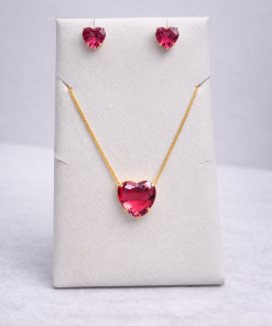Conjunto Colar e Brinco Pedra Fusion Coração Fúcsia