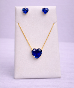 Conjunto Colar e Brinco Pedra Fusion Coração Azul Bic