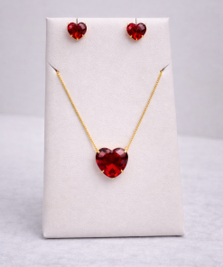 Conjunto Colar e Brinco Pedra Fusion Coração Vermelho