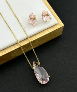 Conjunto Colar e Brinco Pedra Fusion Gota – Rosa Bebe