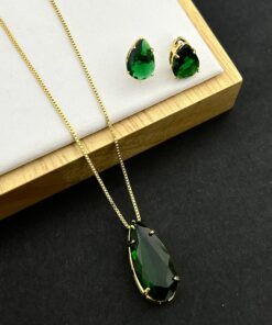 Conjunto Colar e Brinco Pedra Fusion Gota – verde Bandeira
