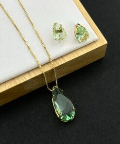 Conjunto Colar e Brinco Pedra Fusion Gota – verde Agua