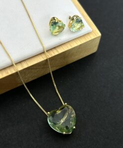 Conjunto Colar e Brinco Pedra Fusion Coração Verde Agua