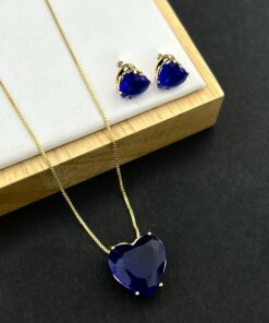 Conjunto Colar e Brinco Pedra Fusion Coração Azul Bic