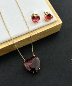 Conjunto Colar e Brinco Pedra Fusion Coração Fúcsia