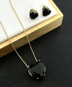 Conjunto Colar e Brinco Pedra Fusion Coração Preto