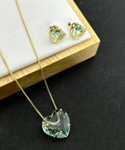 Conjunto Colar e Brinco Pedra Fusion Coração Azul Agua