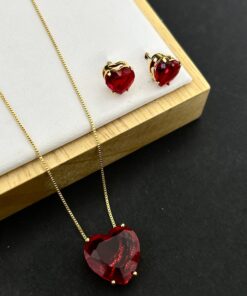 Conjunto Colar e Brinco Pedra Fusion Coração Vermelho