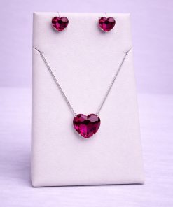 Conjunto Colar e Brinco Pedra Fusion Coração Fúcsia
