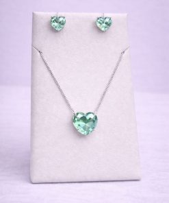 Conjunto Colar e Brinco Pedra Fusion Coração Verde Agua