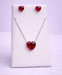 Conjunto Colar e Brinco Pedra Fusion Coração Vermelho