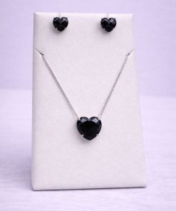 Conjunto Colar e Brinco Pedra Fusion Coração Preto