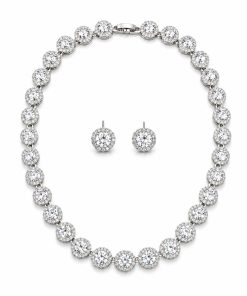 Conjunto Colar + Brinco Zircônia Luxo Redondo Prata