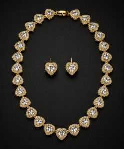 Conjunto Colar + Brinco Zircônia Luxo Coração Dourado