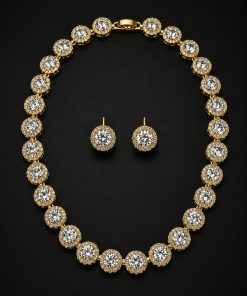 Conjunto Colar + Brinco Zircônia Luxo Redondo Dourado