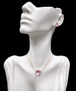 Conjunto Colar e Brinco Dourado Pedra Fusion Coração Rosa