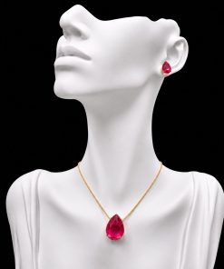 Conjunto Colar e Brinco Dourado Pedra Fusion Gota Fúcsia