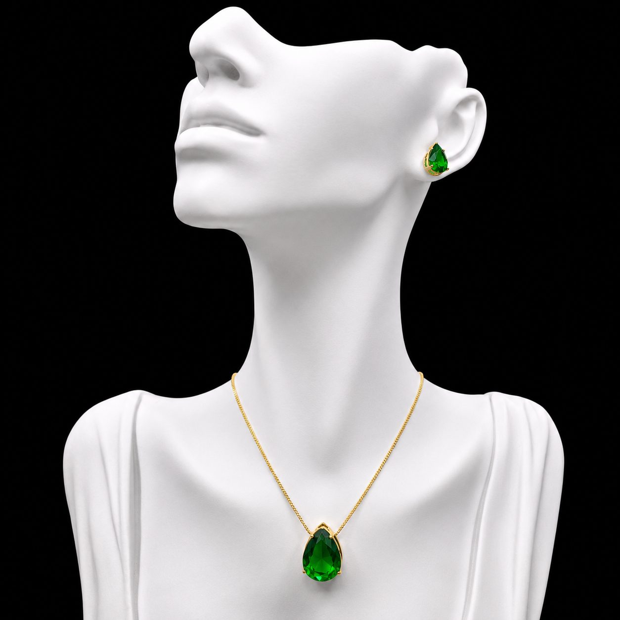 Conjunto Colar e Brinco Dourado Pedra Fusion Gota Verde Bandeira