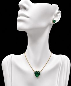 Conjunto Colar e Brinco Dourado Pedra Fusion Coração Verde Bandeira