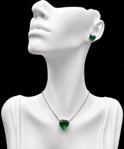 Conjunto Colar e Brinco Níquel Pedra Fusion Coração Verde Bandeira