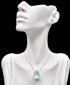 Conjunto Colar e Brinco Dourado Pedra Fusion Gota Azul Bebê