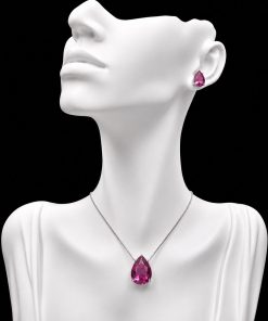 Conjunto Colar e Brinco Níquel Pedra Fusion Gota Fúcsia